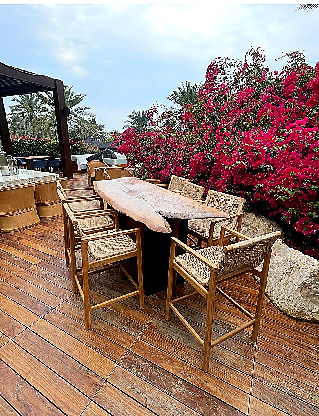 Outdoor grade-A teak dining table with rope-weave chairs, hotel terrace furniture UAE