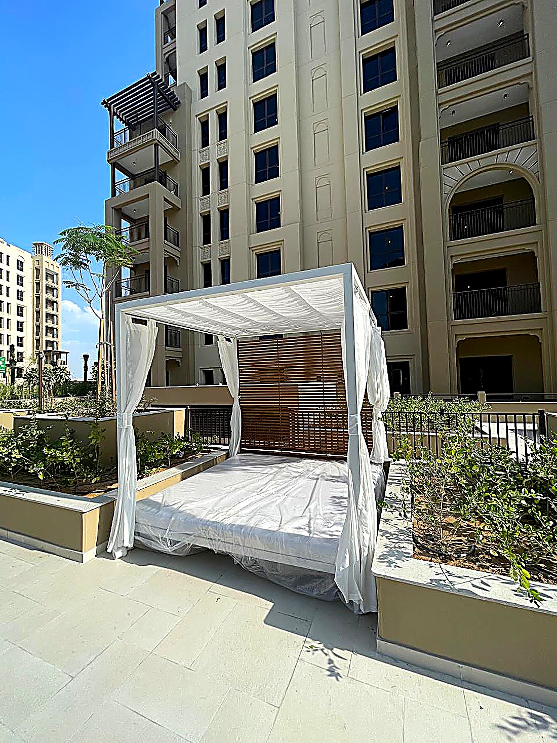 Powder-coated pool cabana with Sunbrella fabric and dual daybeds, resort outdoor furniture UAE