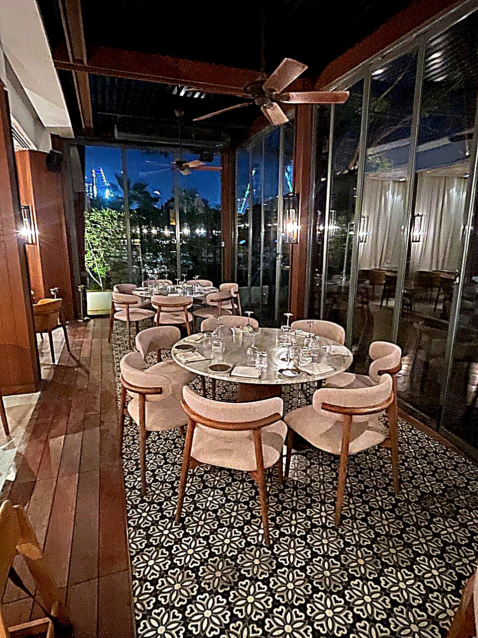 Hotel restaurant dining set with marble table top and stylish wooden dining chairs, premium hospitality FF&E