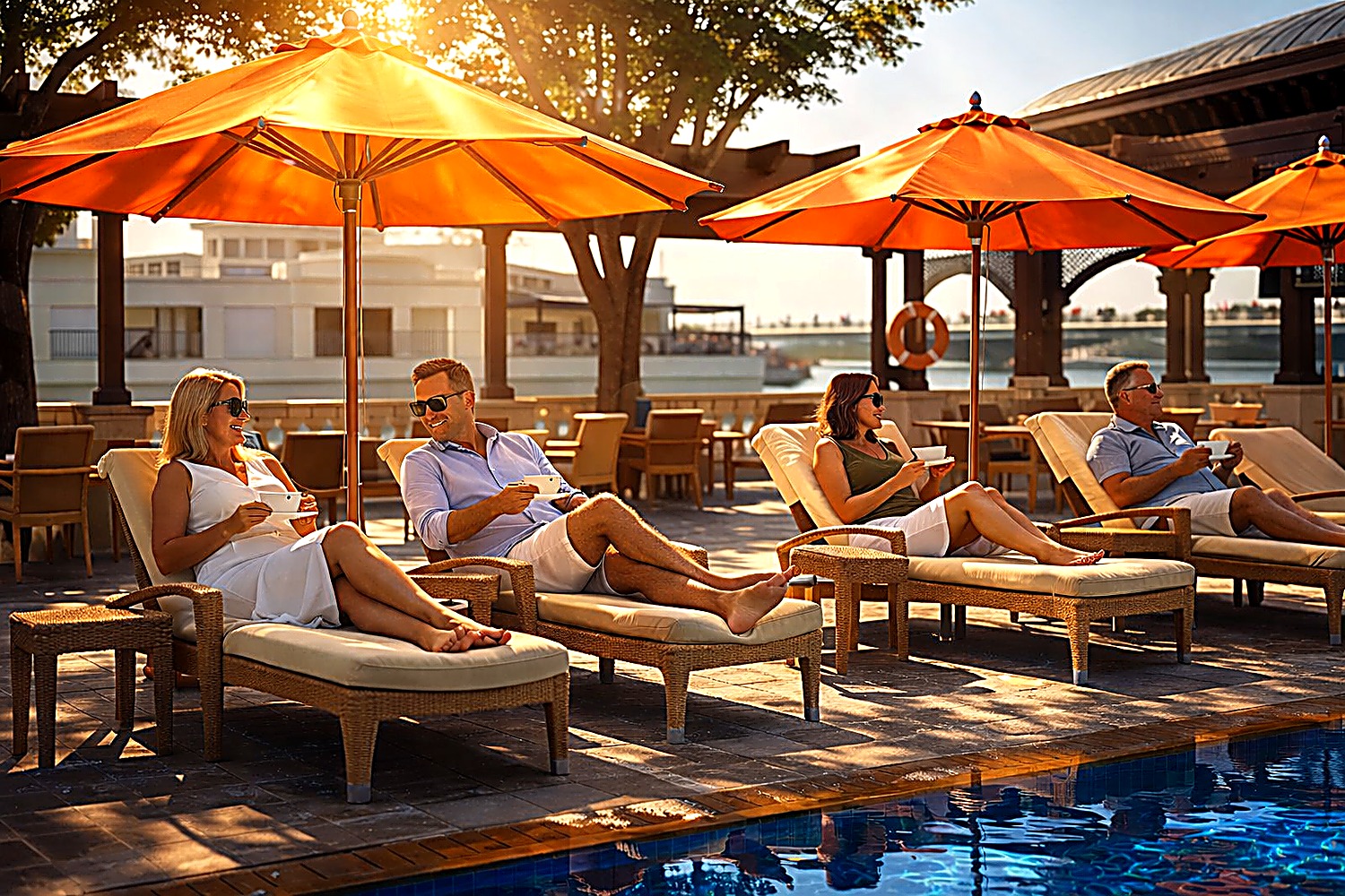 Resort poolside centre-pole umbrellas with teak sun loungers, guests relaxing, hospitality shade Dubai