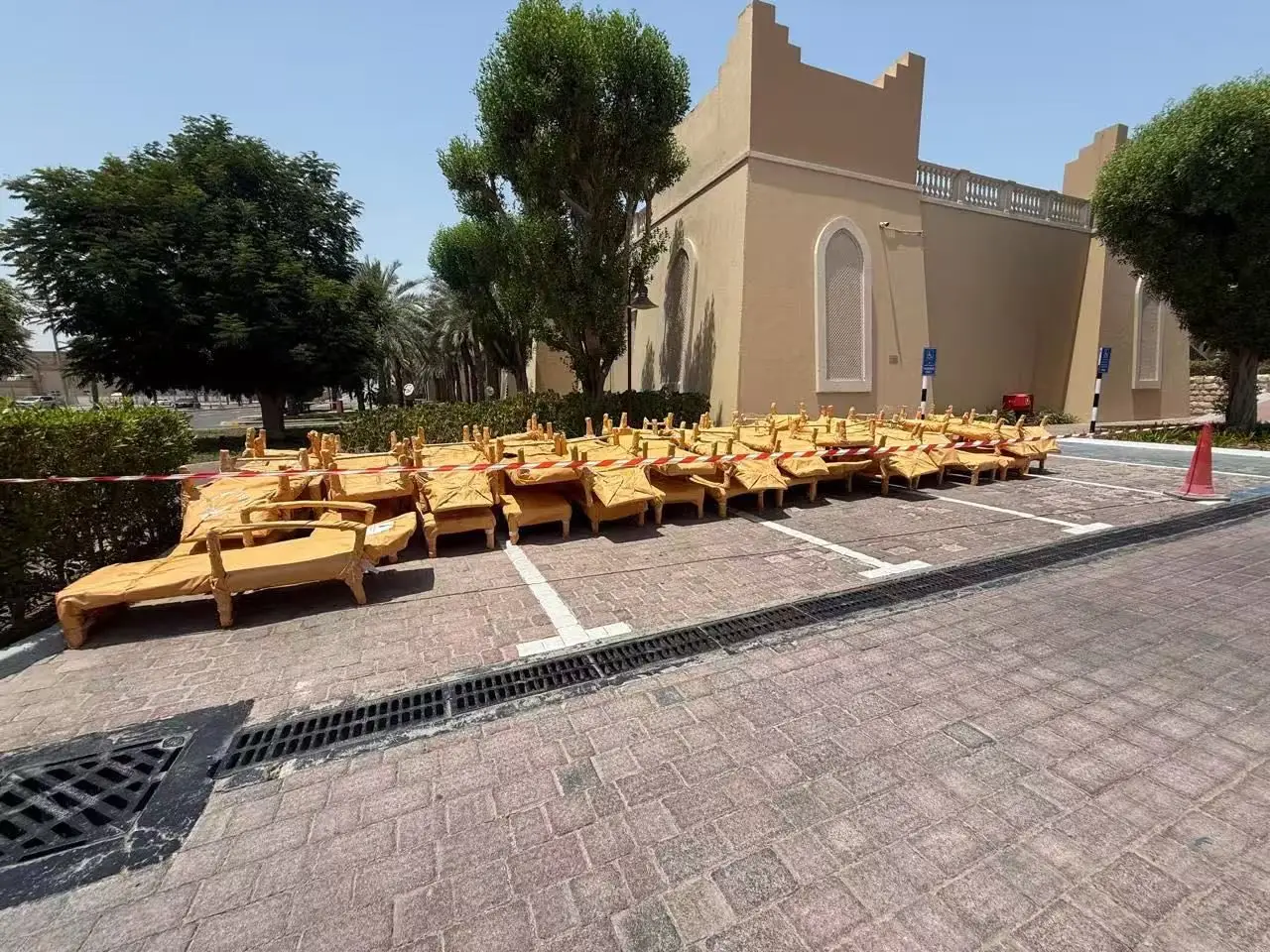 Sunloungers staged on delivery day ahead of poolside installation, Abu Dhabi resort